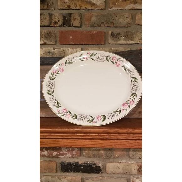 Vintage Homer Laughlin Minuet Large Oval Platter, Pink & Gray Rose Border - Picture 2 of 6
